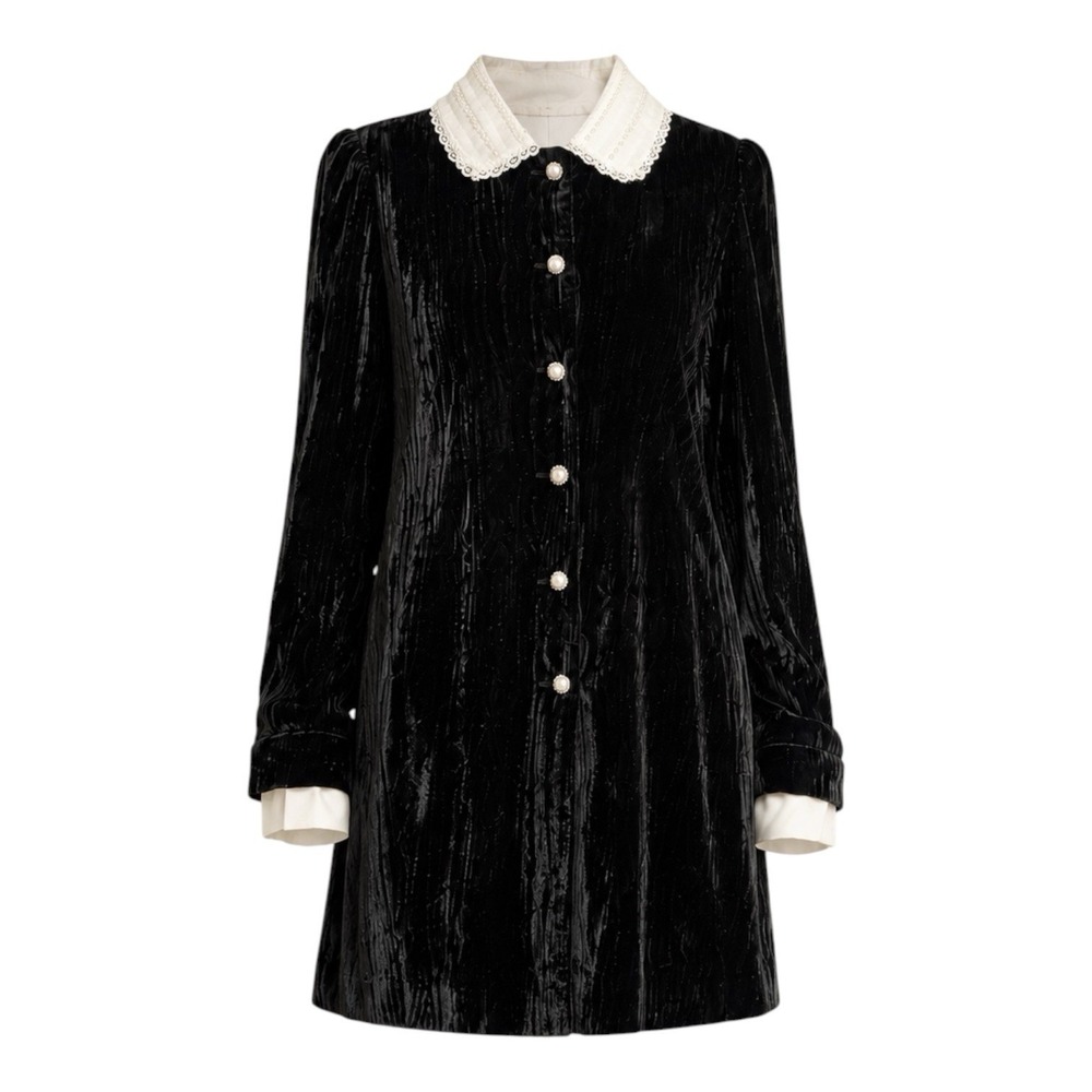 NWT Farfetch B+ab Velvet Long Sleeve Dress Peter Pan Collar Sz XS Pearls Lace